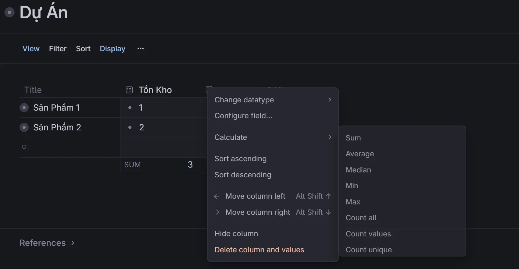 Built-in calculations on columns