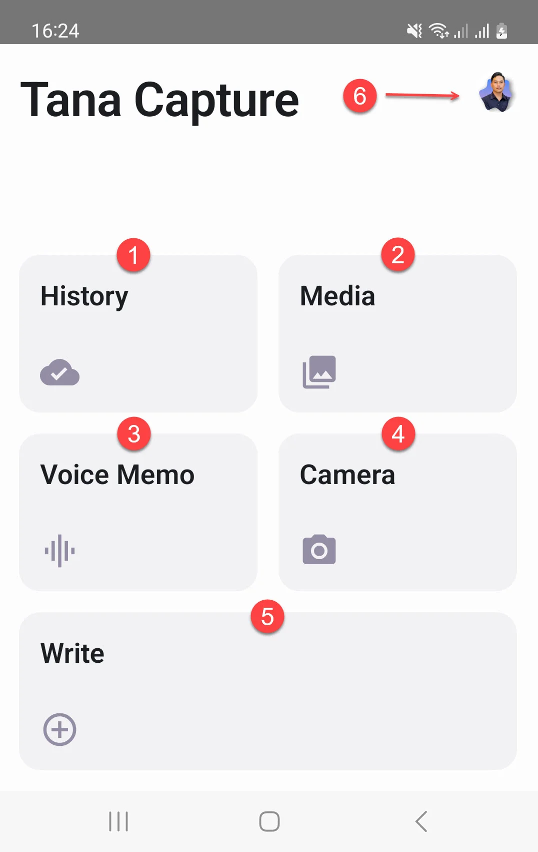 Tana Capture interface on Android phones