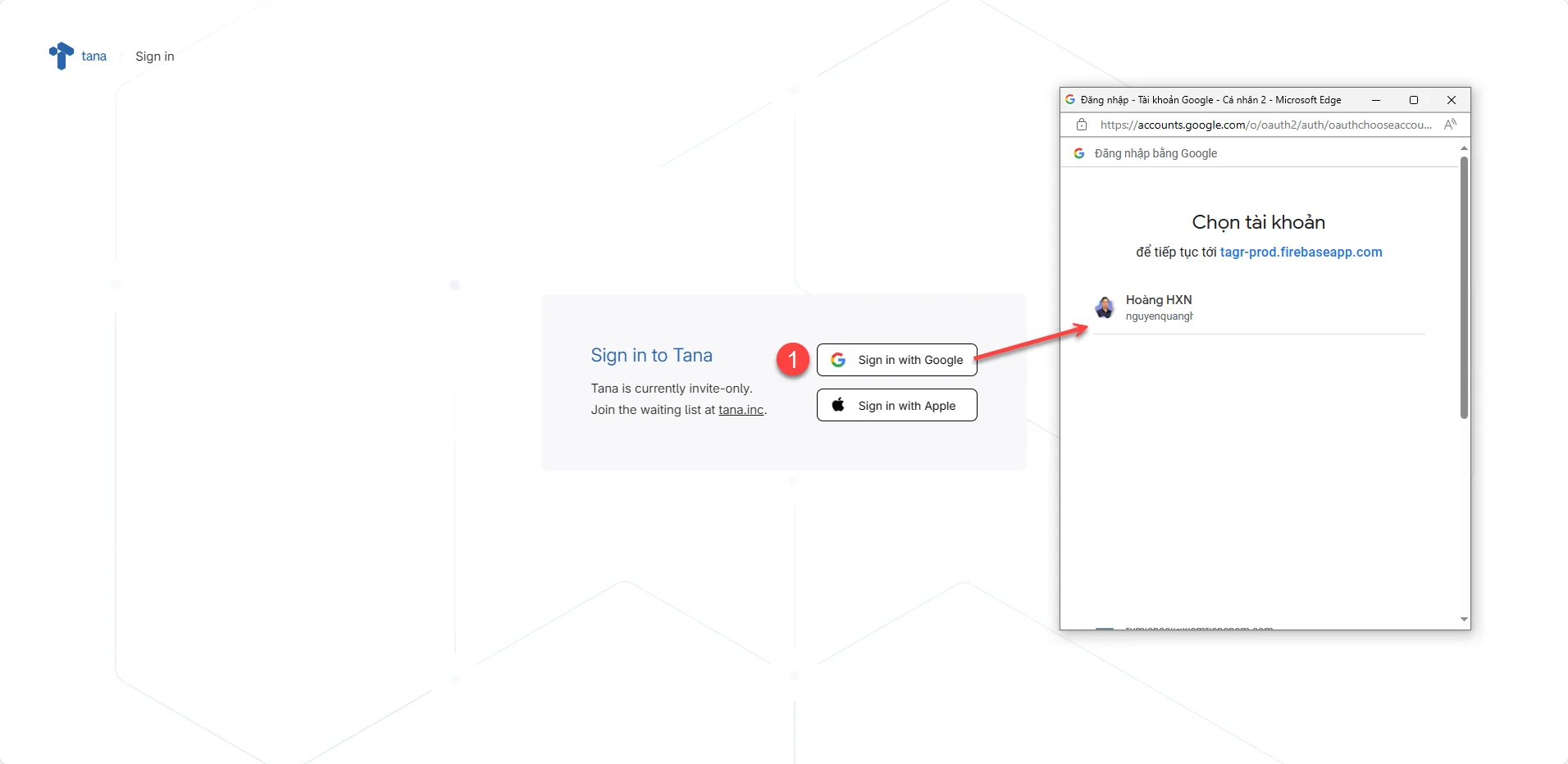 Đăng nhập Tana bằng tài khoản Google