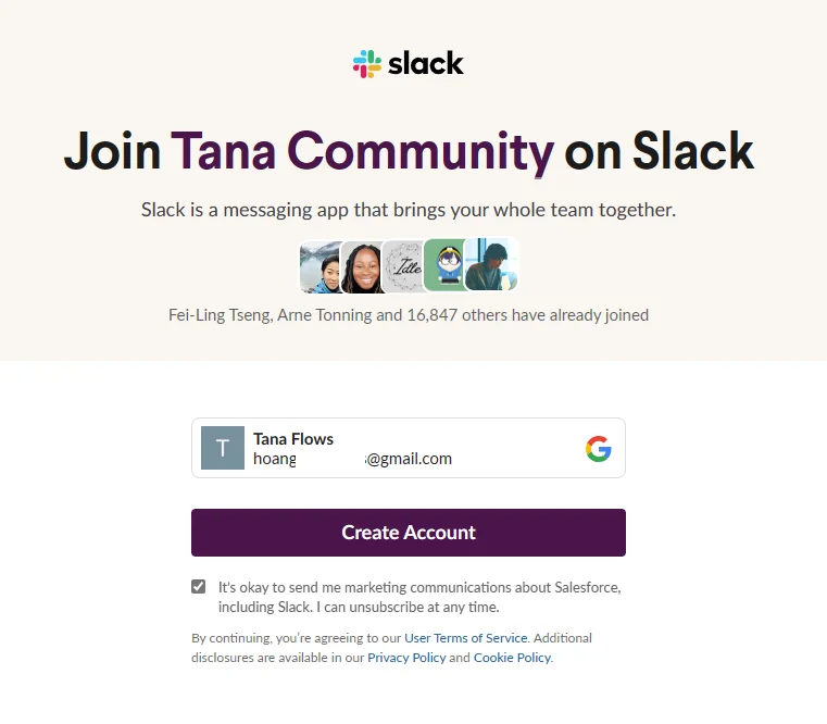 Create Slack Account to join Tana Community